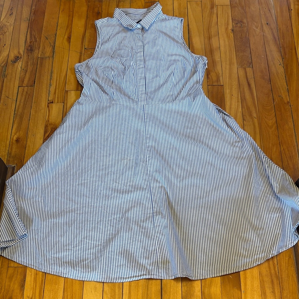 Ann Taylor Blue & White Striped Sleeveless Midi Dress Full Skirt - Size 16 PLUS